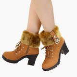 Florence | Women's Heeled Winter Ankle Boots – Lace Up with Faux Fur Trim